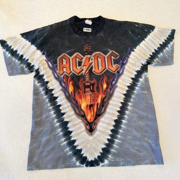 Vtg AC/DC Hells Bells Single Stitch Liquid Blue T Shirt Large Tie Dye Dbl Side - Picture 1 of 13